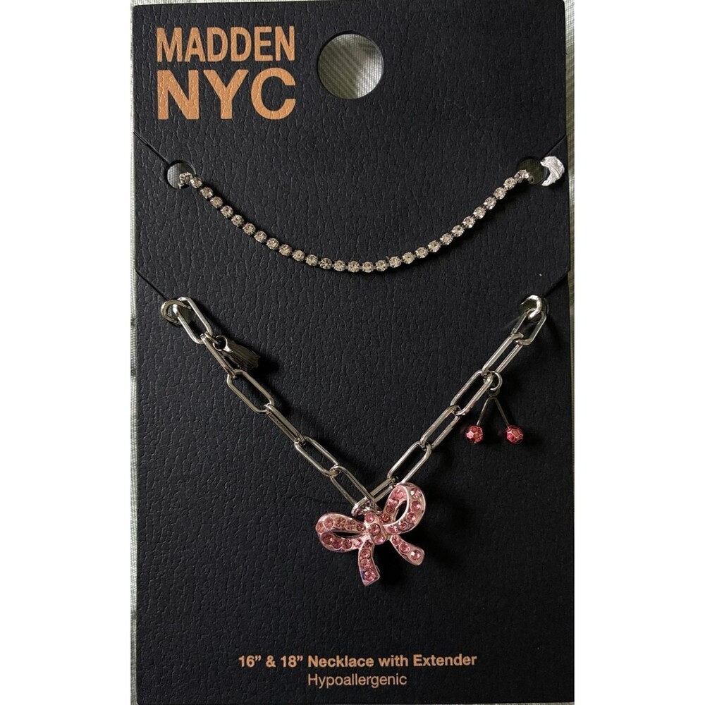 Madden NYC 2 piece necklace set pink bow cherry silver tone new